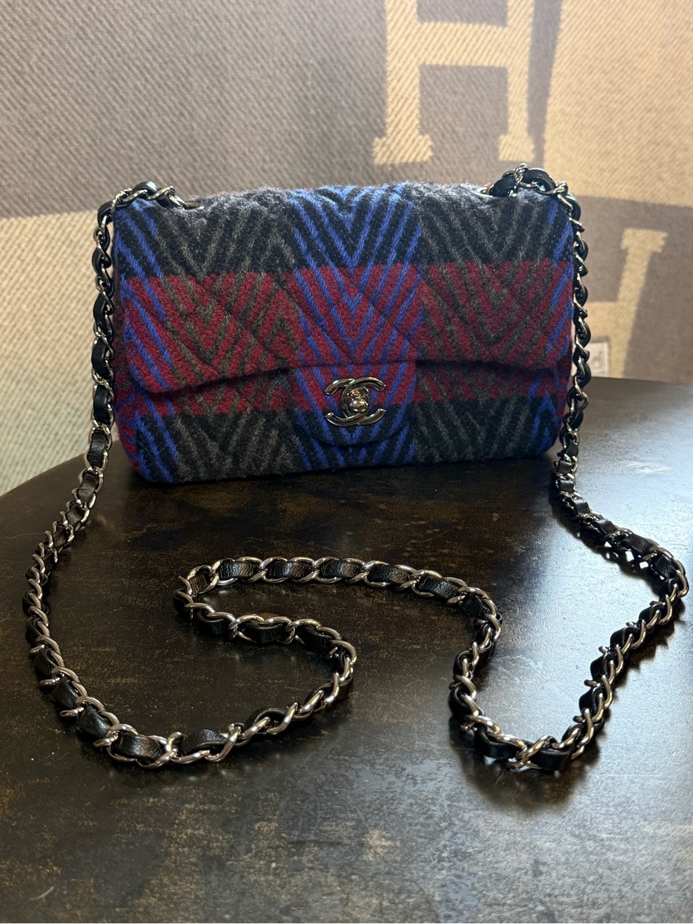 Chanel Tweed Blue/Red/Black/Gray Plaid Chevron Tweed Flap Crossbody